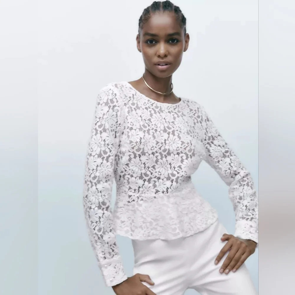 5 for $25 | NWOT Zara Lace Peplum Long Sleeve Sheer Blouse *Missing A Button